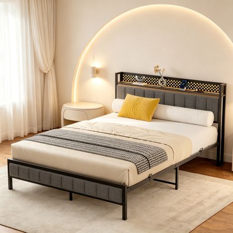 Cama de metal negra con estante y puerto USB, 140x200 cm (1/5)