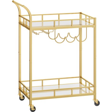 Vasagle – Desserte de cuisine dorée à roulettes – 2 niveaux en verre réfléchissant – 3 porte-bouteilles et 2 porte-verres – Dimensions 38x66x90 cm (1/5)