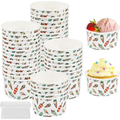 50 unidades de cuencos de papel para helado de 125 ml, vasos de papel para postres, vasos de helado con cucharas, vasos de cartón para helado, ideales para postres, helados y yogur. (1/5)