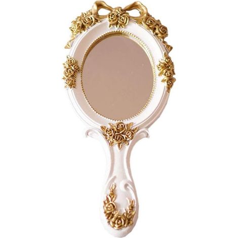 Miroir à main vintage - 1 pièce - Résine et verre - Design floral doré relief - Maquillage voyage décoration - 26,5x12x2 cm (1/5)