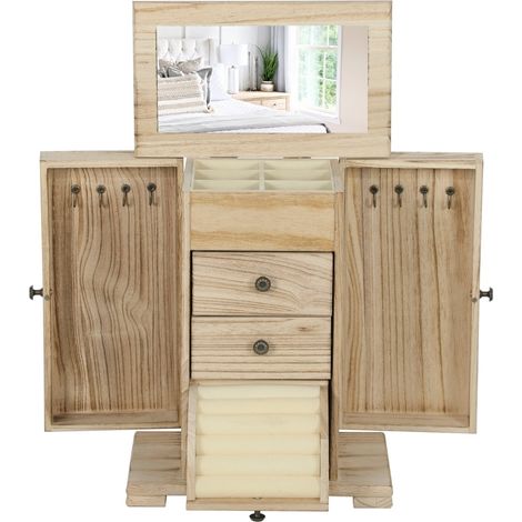 Boîte à bijoux en bois marron avec miroir intégré, rangement 4 niveaux, crochets pour colliers et portes latérales pivotantes, format compact CHICFURN (1/5)
