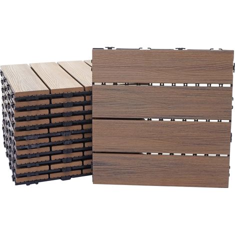 WPC Bodenfliese HHG-169, Holzoptik Balkon/Terrasse, 3D-Struktur linear 11x je 30x30cm = 1qm, geprägt-braun