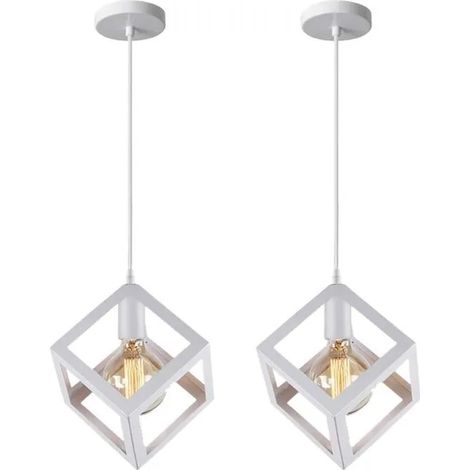 U-Do 2Pcs Lustre Suspension Carré en Fer Blanc E27 Ajustable Lustre Plafonnier Exquise Lampe Intérieur design Vintage pour Cuisine (1/4)