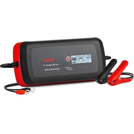 Telwin Caricabatteria Multifunzione T-Charge 20 Evo 12V/24V, Mantenitore di Carica e Tester con Schermo LCD per Batterie di Auto e Veicoli con Tecnologia Pulse Tronic, 100-240V