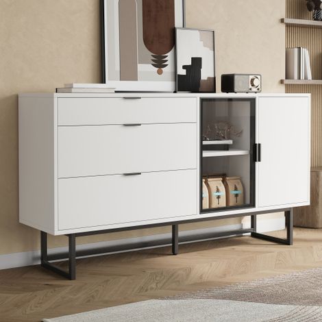 Modernluxe - Buffet moderne 160x36x78 cm - Meuble de rangement - 3 tiroirs et 2 portes - Éclairage LED - Structure en métal - Blanc (1/5)