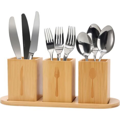 Porte-ustensiles de Cuisine, 3 Compartiments Porte-Couverts Support de Couverts avec Plateau Porte-Couverts de Table avec Trou de Drainage pour Trier Baguettes, CuillèRes et Fourchettes (Bois) (1/5)