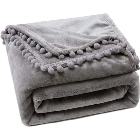 Plaid Couverture Polaire en Flanelle Velours, 1 Pièce Epaisse Moelleux Douce Chaude Fourrure avec Pompom Décoratif 100X150CM Gris (1/5)