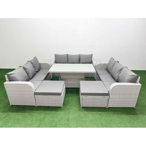 Fimous PE Rattan Lounge Sofa Set 11 Seater Outdoor Garden Furniture Set with Adjustable Lifting Dining or Coffee Table 3 Seater Sofa 2 Big Footstools Light Grey (1/5)