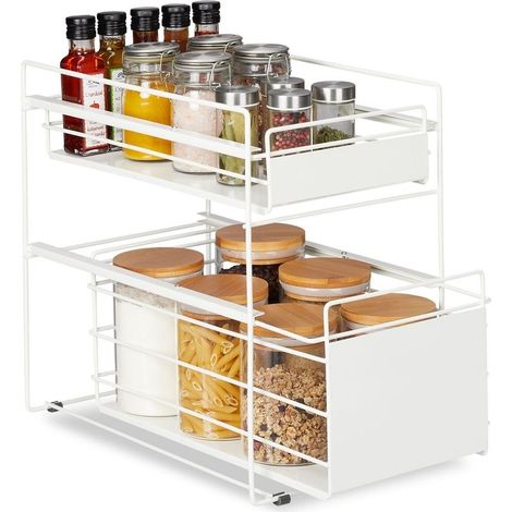 Organiseur de placard coulissant avec 2 paniers Dimensions H 39,5 x L 25 x P 40,5 cm Acier blanc pour rangement cuisine et salle de bain (1/5)