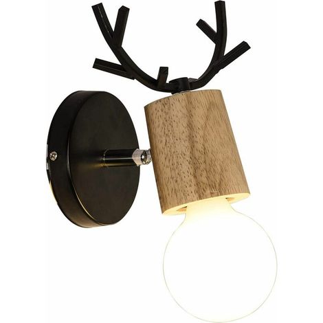 Rétro Applique Murale Simple Créatif Lampe de Mur Fer et Bois E27 Base Tête de Cerf Nordique Style Art Déco pour Chambre, Salon, Chambre d'enfants, Restaurant, Couloir, Escaliers,Noir BLOW (1/5)