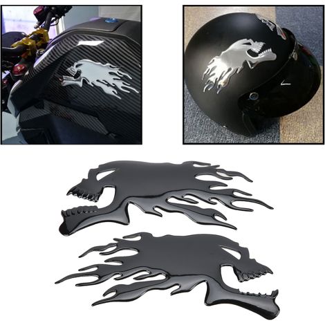 Autocollant Réservoir Moto 3D Flamme Crâne - Décor Motard Noir - 2 Pièces