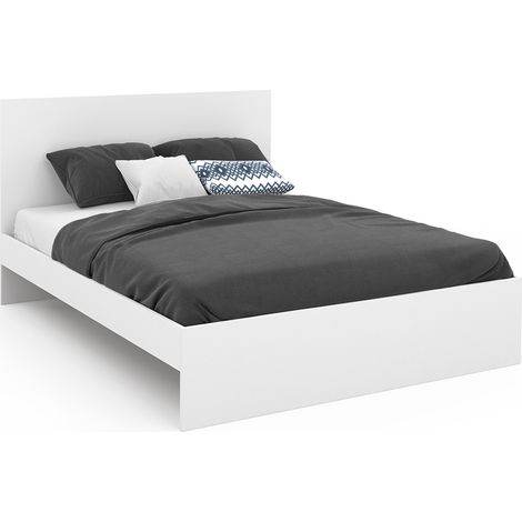 Idmarket – Lit double OMAHA 140x190 cm – Tête de lit 90 cm – Sommier 26 lattes avec zone lombaire renforcée – Structure en panneaux de particules blanc