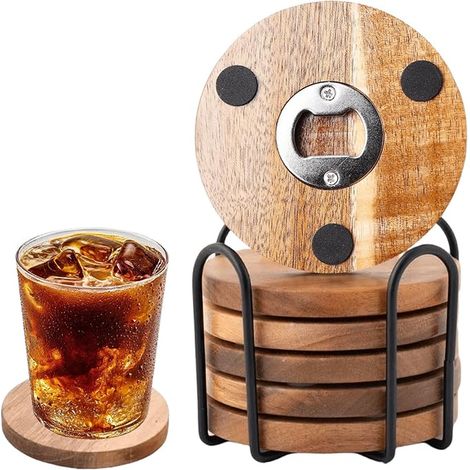 Dessous de Verre en Bois avec Décapsuleur, Dessous De Verre en Bois, Ronde Panneau en De Table, Ronds en Liège pour Tasses, 10 1 10cm (1/3)