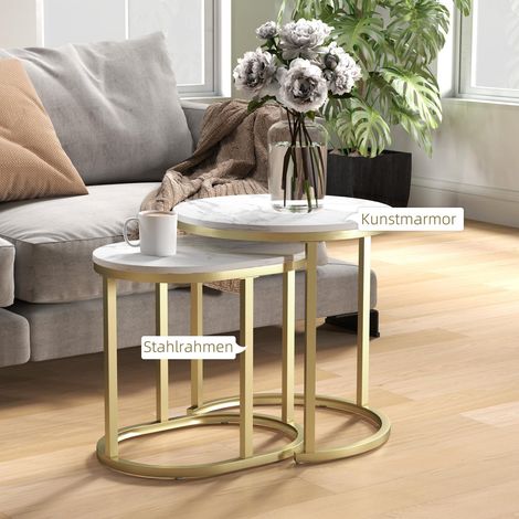 Ensemble 2 tables basses gigognes rondes, design moderne, acier et plateau blanc (1/5)