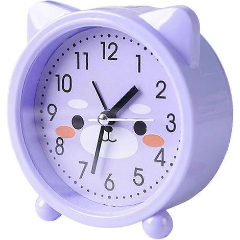Un réveil chaton coloré avec des oreilles, conçu spécialement pour la décoration de la chambre d'enfant et l'apprentissage autonome, en rose et violet. (1/5)