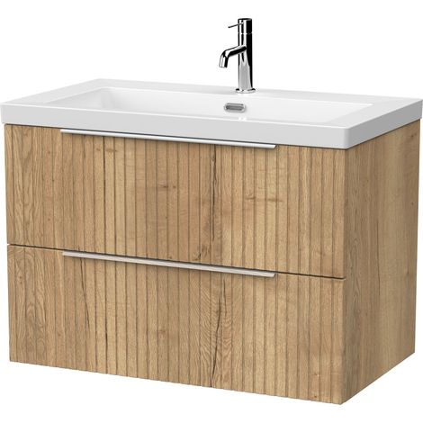 Callingwood Contemporary Wall Hung 2 Drawer Vanity Unit with 1 Tap Hole Fireclay Basin , 800mm, Autumn Oak