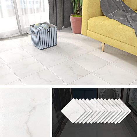 32 Dalles Lino Sol Adhesif Marbre Blanc Dalle PVC Adhesive Sol 30x30 Carrelage Adhesif Sols-Épais-Imperméable-Revetement Parquet Autocollant Sols pour Salle de Bain Cuisine Blanc/Bleu/Beige (1/5)