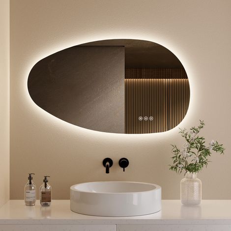 S'AFIELINA Bathroom Mirror with LED Lights, 85 x 50 cm Asymmetrical with Smart Touch Switch, 3 Colors Dimmable Light, Anti-Fog, Memory Function
