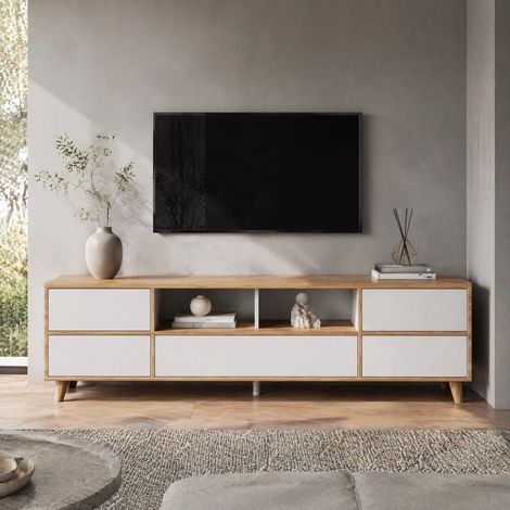 Mueble TV con almacenaje 175 x 37 x 51 cm, MDF, blanco y madera DESVIAE (1/5)