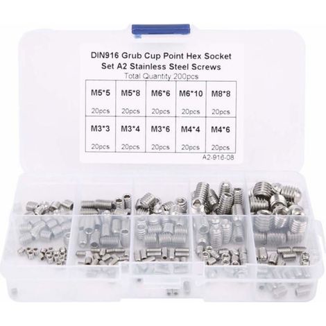 Vis de serrage - - Assortiment 200 vis hexagonales M3/M4/M5/M6/M8 - Acier inoxydable - Tête creuse (1/5)