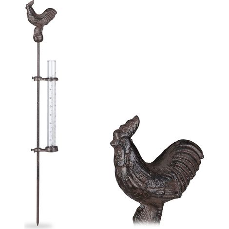 Relaxdays Pluviometro da Giardino con Bastone, con Gallo, con Paletto, 17 cm, 7 Pollici, Contenitore in Vetro, Bronzo (1/4)