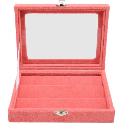 Boîte de rangement pour broches avec couvercle en verre et fermeture à verrou - Écrin à bijoux poussière rose petit format (1/5)