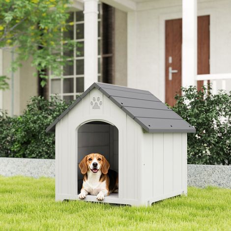 Caseta para Perros Exterior Casa para Perros Grandes de Plástico con 2 Ventanas Base Elevada Estacas Gris (1/5)