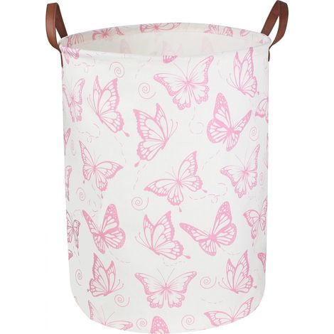 Cesto de ropa plegable e impermeable de color rosa, 36x60 cm, con estampado de mariposas, ideal para la habitación de una niña, para guardar juguetes o como elemento decorativo. (1/5)