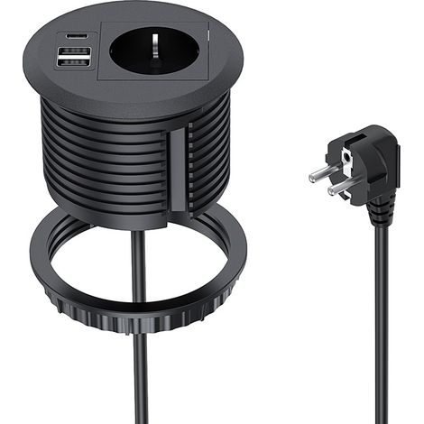 Unterputz-Steckdose mit einem 20-W-PD-USB-C-Anschluss und zwei USB-Anschlüssen. Diese schwarze Tischsteckdose passt in eine 80-mm-Öffnung und ermöglicht so bequemes Laden und Benutzen.