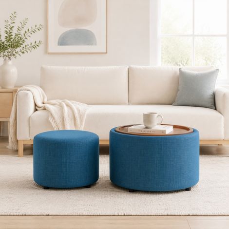 Set poltrona contenitore in lino blu 58 cm OKMYHOME (1/5)