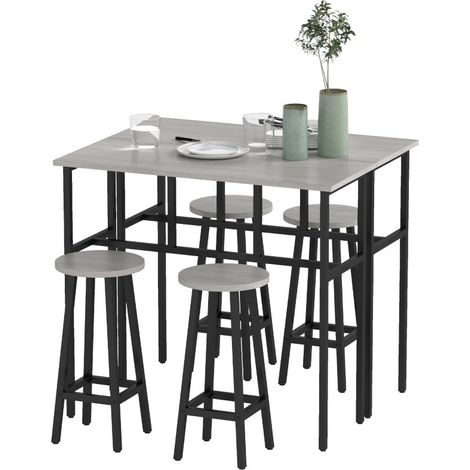 Ensemble table de bar industriel 6 pièces, composé de 2 tables repas et 4 tabourets, couleur grise (1/5)