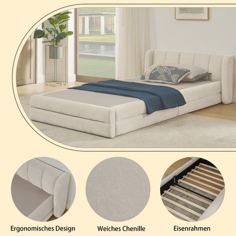 Lit 90x200 cm en tissu chenille doux, tete de lit moelleuse, ideal pour chambre d'enfant ou adulte, couleur beige, sans matelas, structure robuste et cosy (1/5)