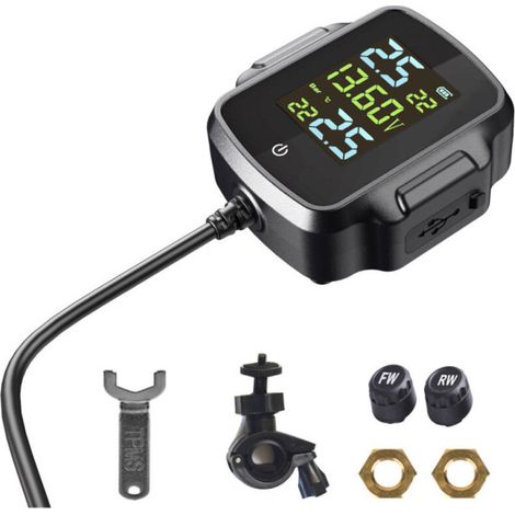 Détecteur de pression des pneus pour moto, système de surveillance de la pression des pneus (TPMS) avec 2 capteurs externes étanches et sortie USB (1/5)