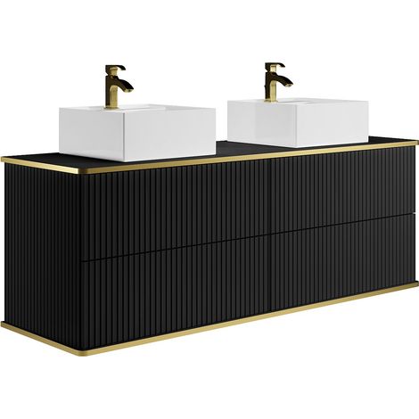 Meuble de salle de bain suspendu strié liseré doré avec double vasque à poser carrée et 4 tiroirs - Noir - 150 cm - KELIZA