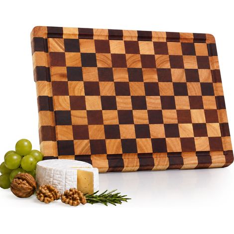 Relaxdays Chopping Board, 41 x 30 cm, chequered, acacia & rubberwood, carving board with juice groove, grips, natural (1/5)