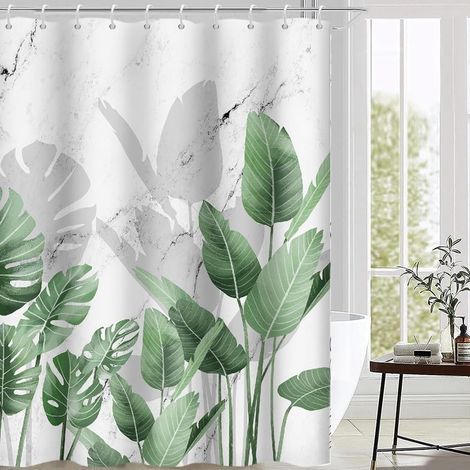 Rideau Douche Anti Moisissure, Rideau de Douche 180x180cm Effet Marbre Gris Tropical Feuilles de Palmier Vert Rideaux de Baignoire Tissu Lavable Imperméable Rideaux de Bain avec 12 Crochets - 180L X 1 (1/5)