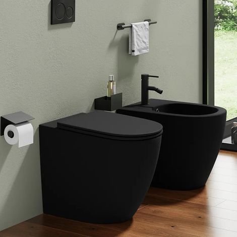 Sanitari filo muro vaso rimless traslato bidet e copri wc nero opaco Europa