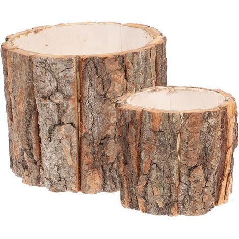 Ensemble de deux pots de fleurs en bois d'écorce – vase en forme de tronc d'arbre – porte-fleurs décoratif pour les fêtes et la décoration intérieure – grand (12 x 10 cm) + petit (9 x 8 cm) (1/5)