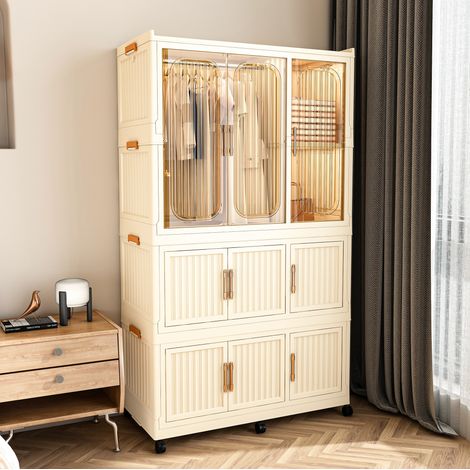 MODFU – Armadio contenitore pieghevole 9 ante magnetiche in PP con 1 appendiabiti, 8 scomparti, ruote e 6 grucce – Bianco crema (1/5)