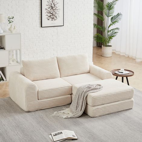 Optimiser l'espace et recevoir : canapé convertible modulable en velours côtelé avec pouf amovible et 2 coussins (1/5)