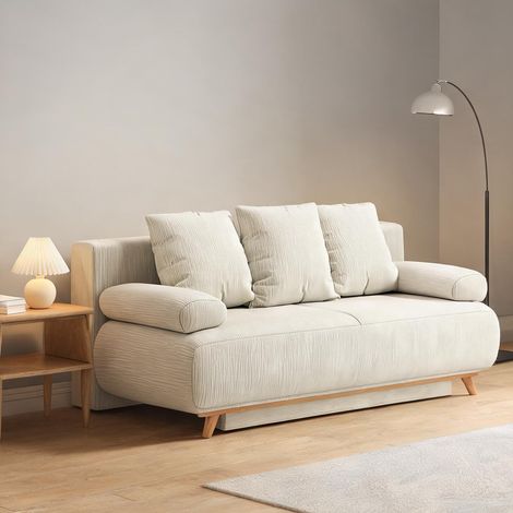 Canapé convertible 3 places avec rangement beige en bois (1/5)
