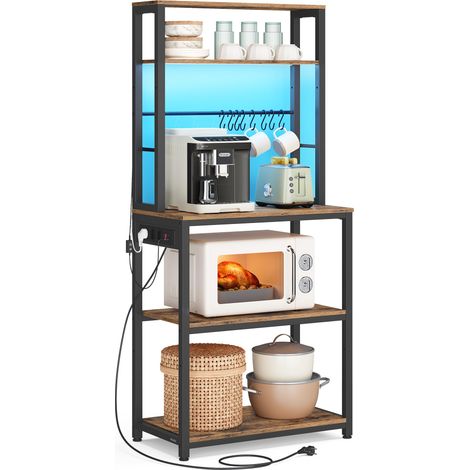 Étagère de Cuisine avec LED, Meuble de Cuisine avec Multiprise, Support pour Micro-Ondes avec Étagères Réglables, 8 Crochets, 40 x 60 x 168,4 cm, Marron Rustique et Noir d'encre KKS049KD01 (1/5)