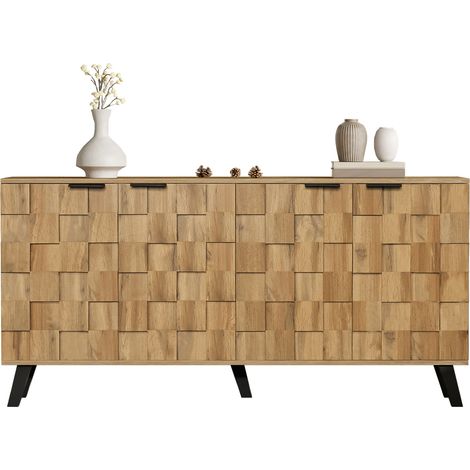 Buffet 4 portes en bois avec étagères réglables, design géométrique moderne, 160,5 x 35,5 x 78 cm, pour salon, salle à manger et chambre CHICFURN (1/5)