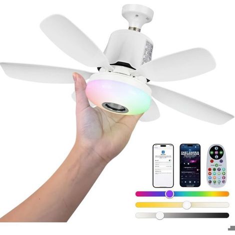 47cm RGB Ventilateur de plafond avec lumière,32W E27 socle Ventilateur de plafond à lumière variable avec 3 vitesses,6 pales (Blanc) (1/4)