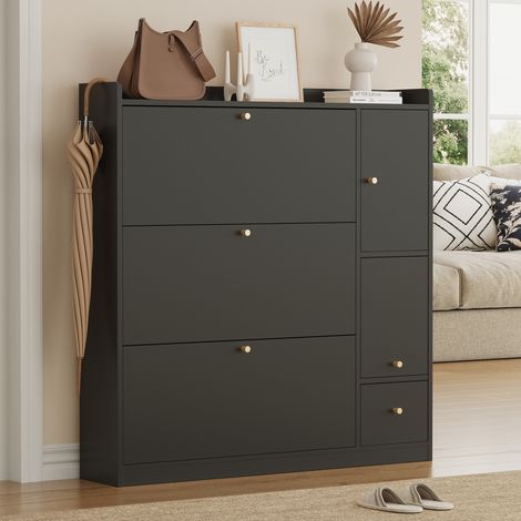 Zapatero de aglomerado negro con 3 cajones abatibles, 1 cajón, hueco extra y banco abatible 119x24x122 cm (1/5)