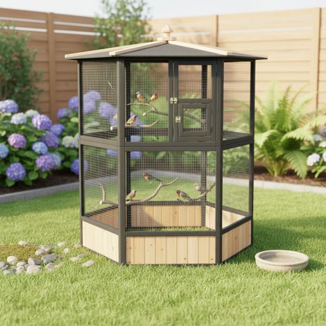 Volière Hexagonale Shelty Pet 150x164cm Bois Thermo-traité Noir (1/5)