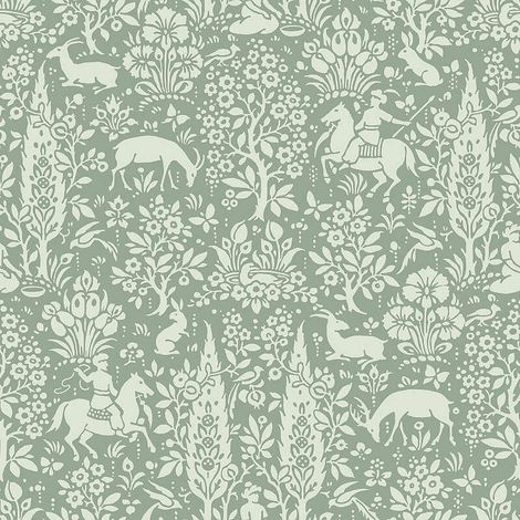 Woodland Floral Wallpaper Sage Green Flowers wildlife Animal Floral Deer Crown (1/2)