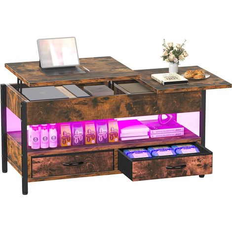 Table basse relevable 106 x 50 x 51,5 cm – Table de salon en bois avec 2 tiroirs, rangement et éclairage LED RVB (1/5)