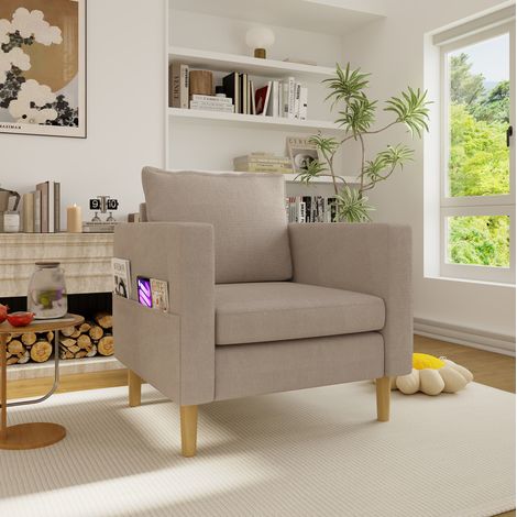 Sillón relax 1 plaza con bolsillo lateral, cojín cómodo, tejido chenilla, beige claro (1/5)