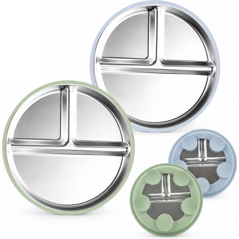 2 assiettes en acier inoxydable avec ventouse avec base d'aspiration bleu (1/5)